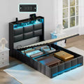 Greenstell Upholstered Lift Storage Bed with LED Lights & Charging Station, Modern Platform Bed, Heavy Duty Wooden Slats