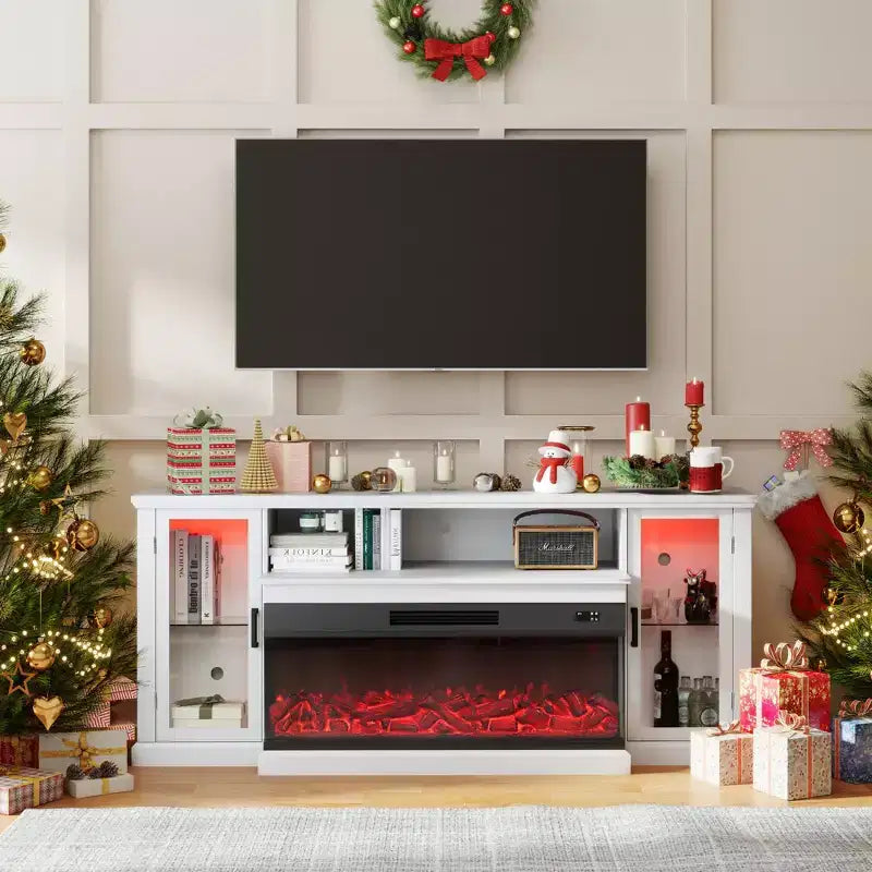 Mobile TV da 72,8 pollici in stile rustico Real Relax con caminetto elettrico a 3 lati in vetro, consolle multimediale regolabile con 12 colori LED per TV fino a 80 pollici