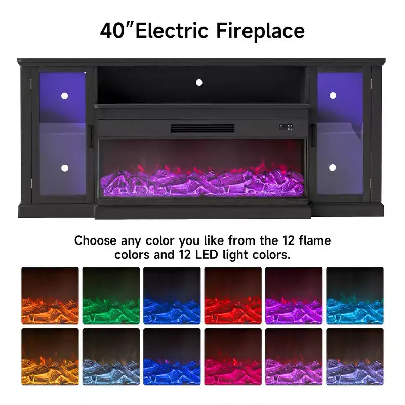 Mobile TV da 72,8 pollici in stile rustico Real Relax con caminetto elettrico a 3 lati in vetro, consolle multimediale regolabile con 12 colori LED per TV fino a 80 pollici