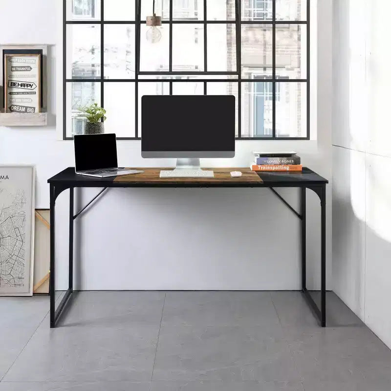 FurnitureR Scrivania per Computer Portatile da Ufficio a Casa da 55", Scrivania da Scrittura con Robusta Struttura in Metallo per Sala Studio, Marrone e Nero