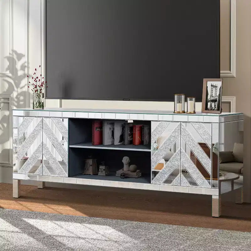 Mobile TV per TV da 65 pollici, Centro multimediale moderno con vano portaoggetti, Mobile TV con ripiano aperto e 2 armadietti per camera da letto e soggiorno