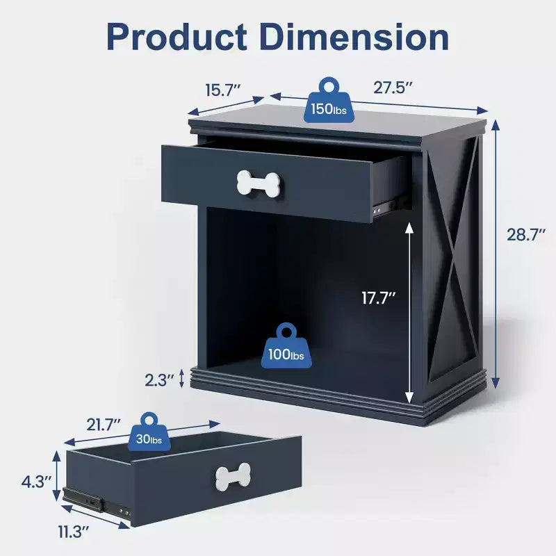 Credenza Heynemo con LED Blu e Cassetto e Scaffale, Tavolino in Legno con Luce LED, Comodino Contenitore per Animali Domestici con Maniglia a Forma di Osso, Ufficio