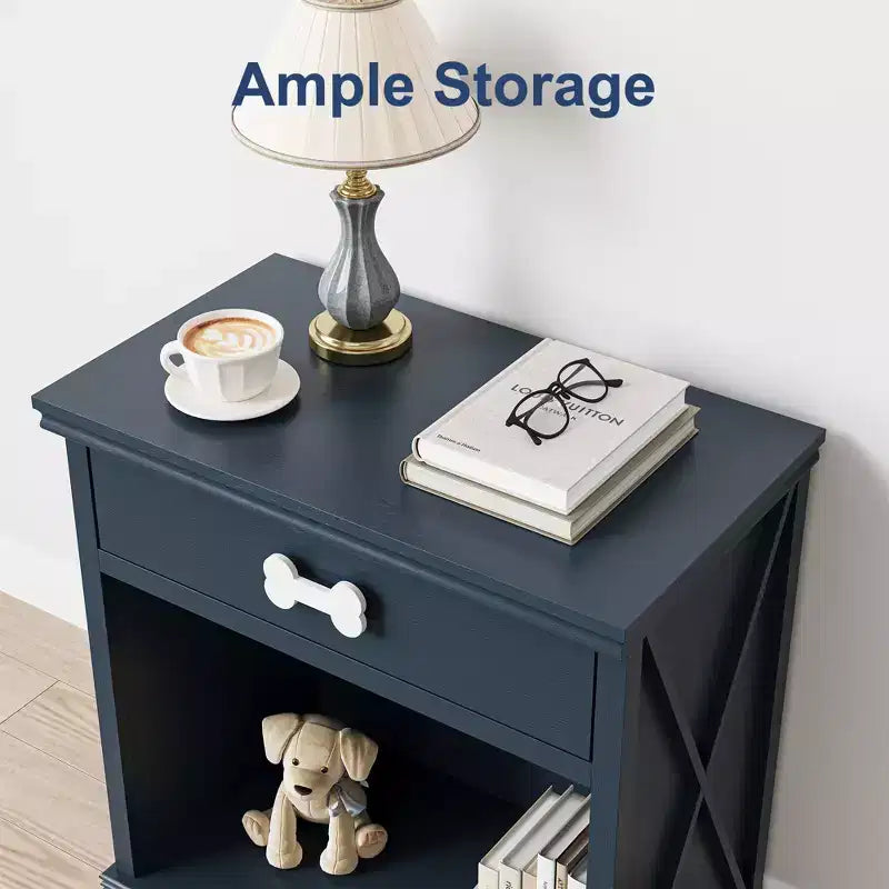 Credenza Heynemo con LED Blu e Cassetto e Scaffale, Tavolino in Legno con Luce LED, Comodino Contenitore per Animali Domestici con Maniglia a Forma di Osso, Ufficio