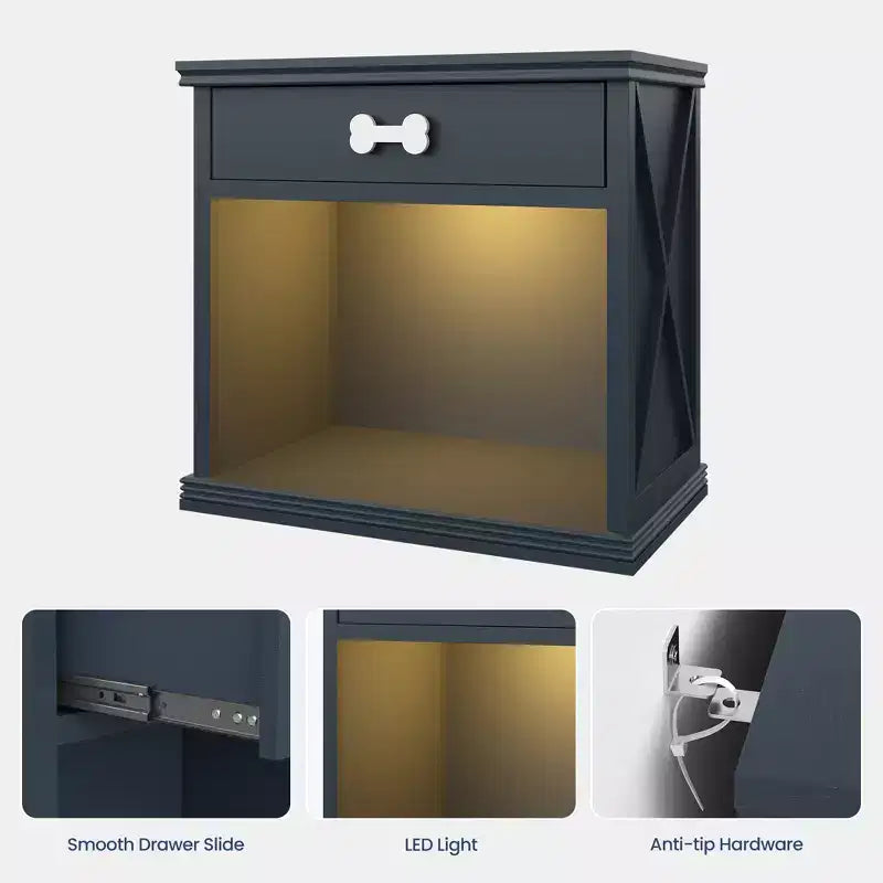 Credenza Heynemo con LED Blu e Cassetto e Scaffale, Tavolino in Legno con Luce LED, Comodino Contenitore per Animali Domestici con Maniglia a Forma di Osso, Ufficio