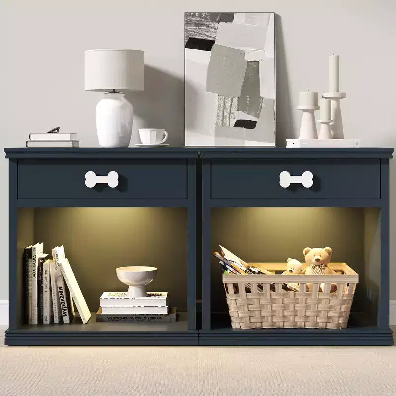 Credenza Heynemo con LED Blu e Cassetto e Scaffale, Tavolino in Legno con Luce LED, Comodino Contenitore per Animali Domestici con Maniglia a Forma di Osso, Ufficio
