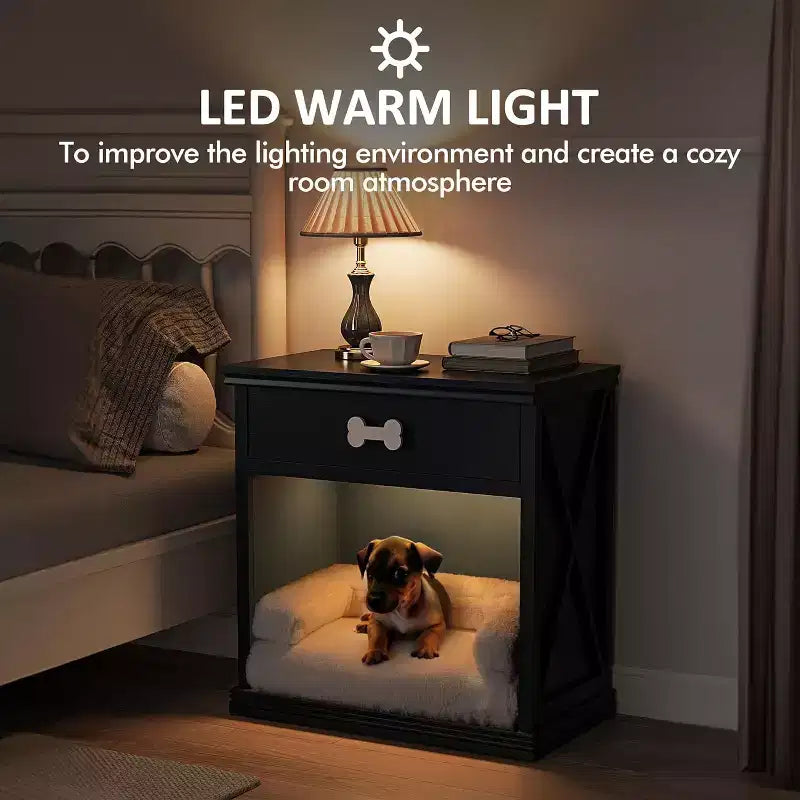 Credenza Heynemo con LED Blu e Cassetto e Scaffale, Tavolino in Legno con Luce LED, Comodino Contenitore per Animali Domestici con Maniglia a Forma di Osso, Ufficio