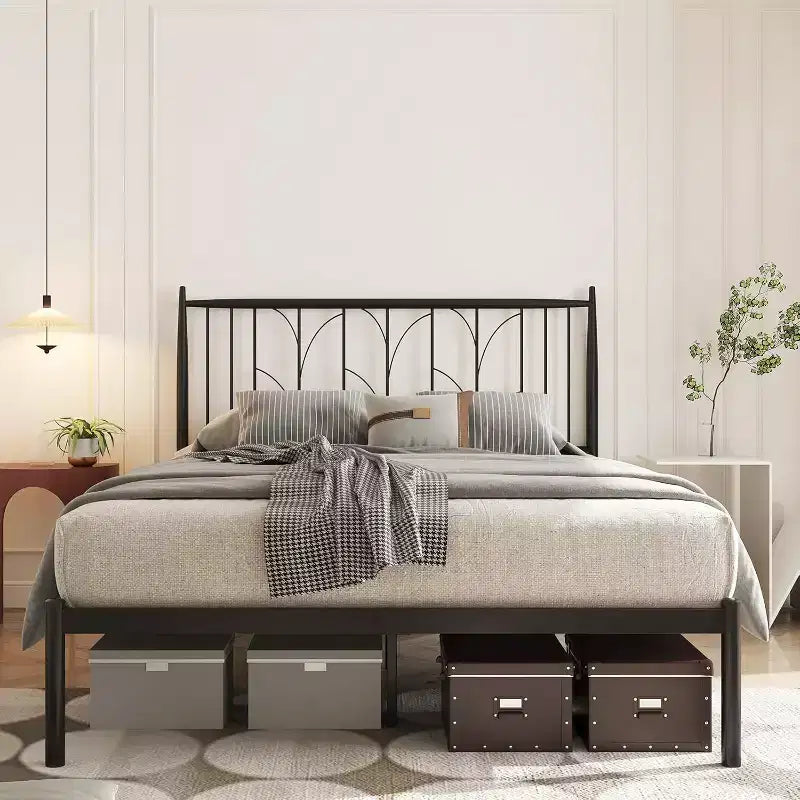 Struttura Letto Matrimoniale in Metallo - Base Letto a Piattaforma Robusta con Spazio Contenitore, Supporti in Acciaio, Nessuna Rete a Molle Necessaria, Facile da Montare, Silenziosa, Nera