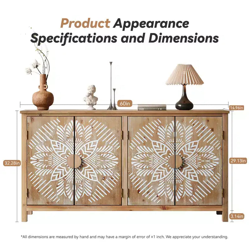 GDFStudio Andre, mobile credenza rustico in legno di abete con 4 ante, 152,4 cm