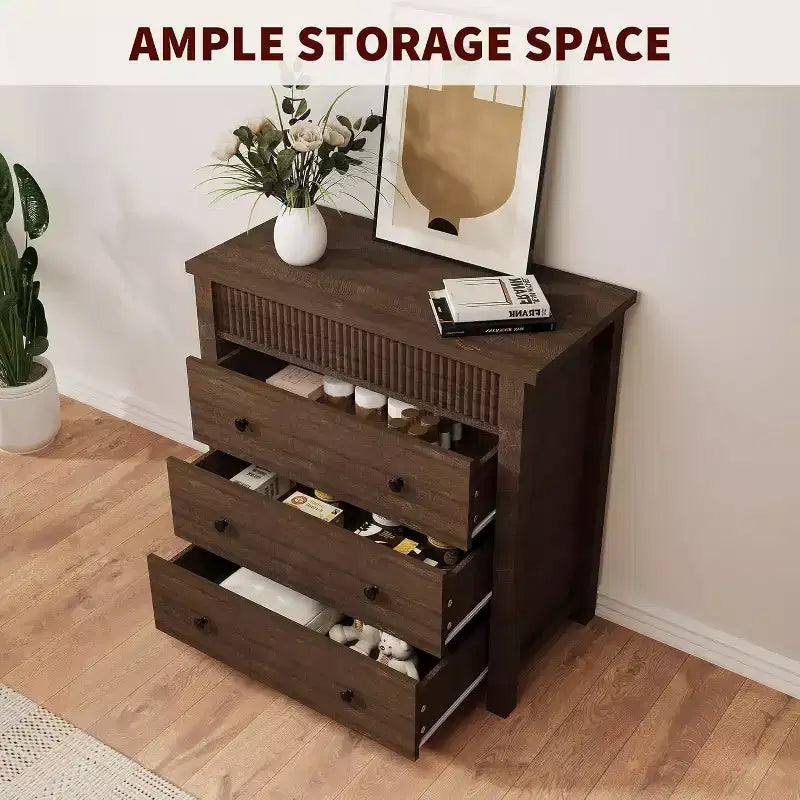 Comò e comodino scanalati a 3 cassetti, cassettiera in legno con contenitore per camera da letto, soggiorno, corridoio o ingresso