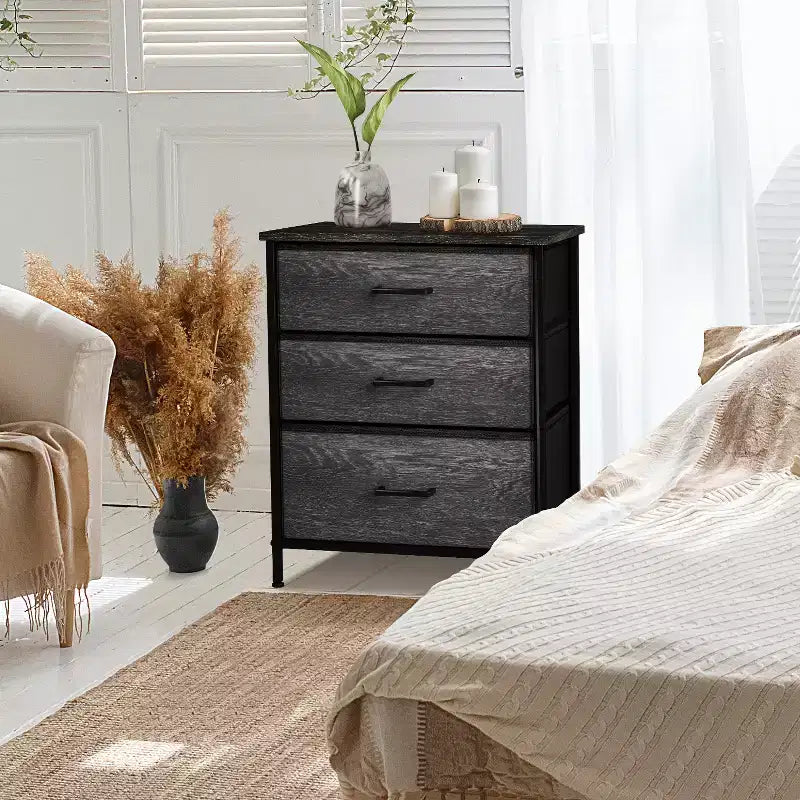 Cassettiera Sorbus a 3 cassetti - Struttura in acciaio, piano in legno e contenitori in tessuto facili da estrarre - Perfetta per casa, camera da letto, ufficio e dormitorio universitario