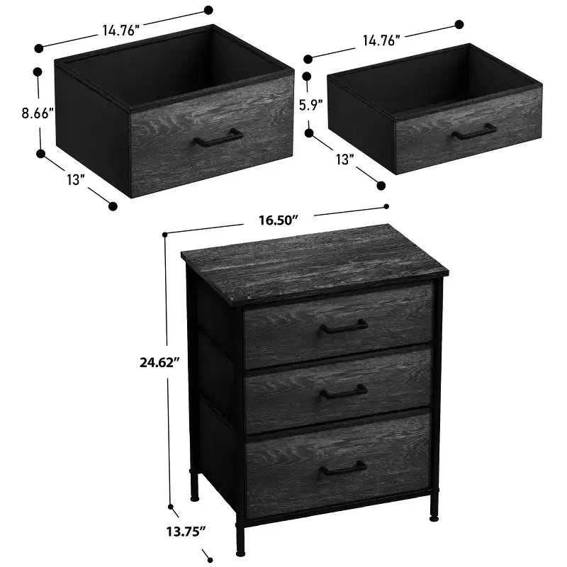 Cassettiera Sorbus a 3 cassetti - Struttura in acciaio, piano in legno e contenitori in tessuto facili da estrarre - Perfetta per casa, camera da letto, ufficio e dormitorio universitario