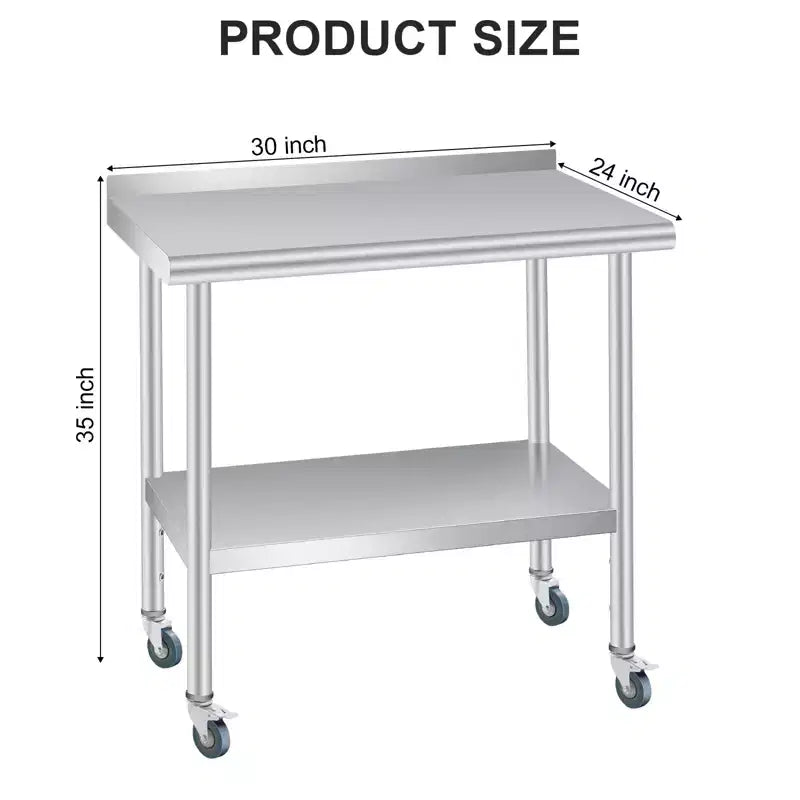 Tavolo in acciaio inossidabile, tavolo da lavoro commerciale in metallo resistente con ripiani aperti, pannello posteriore e ruote, adatto per cucine, case, hotel