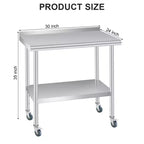 Tavolo in acciaio inossidabile, tavolo da lavoro commerciale in metallo resistente con ripiani aperti, pannello posteriore e ruote, adatto per cucine, case, hotel