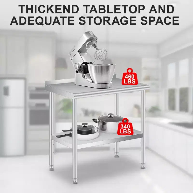 Tavolo in acciaio inossidabile, tavolo da lavoro commerciale in metallo resistente con ripiani aperti, pannello posteriore e ruote, adatto per cucine, case, hotel