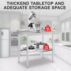 Tavolo in acciaio inossidabile, tavolo da lavoro commerciale in metallo resistente con ripiani aperti, pannello posteriore e ruote, adatto per cucine, case, hotel