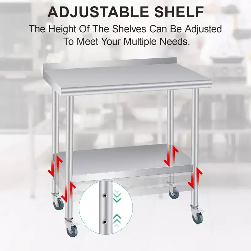 Tavolo in acciaio inossidabile, tavolo da lavoro commerciale in metallo resistente con ripiani aperti, pannello posteriore e ruote, adatto per cucine, case, hotel