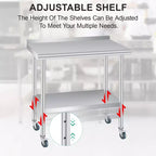 Tavolo in acciaio inossidabile, tavolo da lavoro commerciale in metallo resistente con ripiani aperti, pannello posteriore e ruote, adatto per cucine, case, hotel