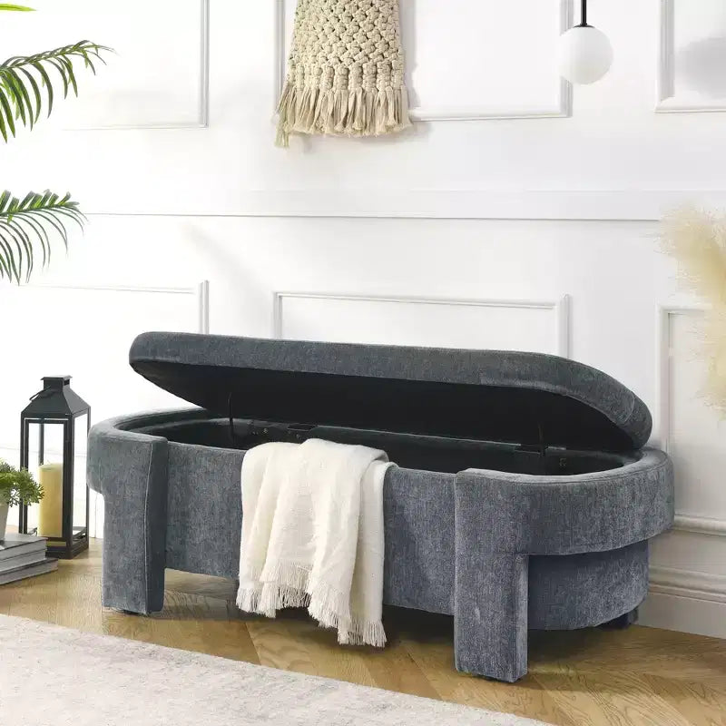 Panca rivestita in tessuto di lino CLIHOME con ampio spazio contenitore, pouf per soggiorno, ingresso e camera da letto