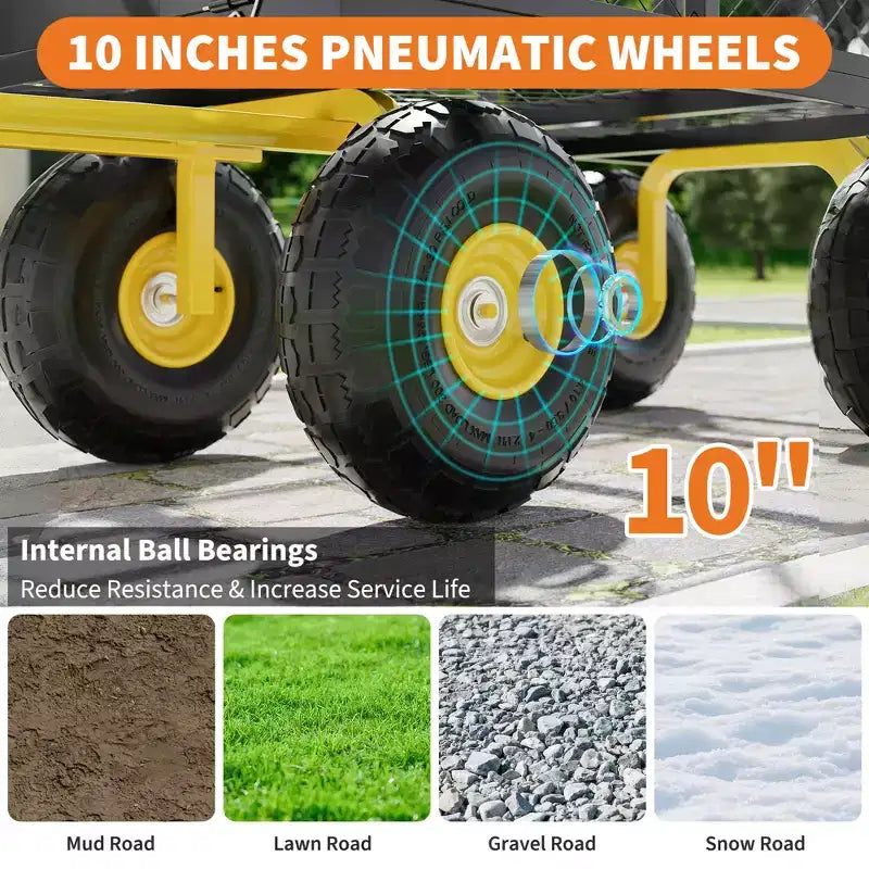 Carrello - Carrello da Esterno Pieghevole Heavy-Duty con Pneumatici Multi-Terreno da 10 pollici | Capacità 500 libbre, 4 Sponde Laterali Rimovibili in Rete, Maniglia Girevole a 180 gradi per Cucina, Patio