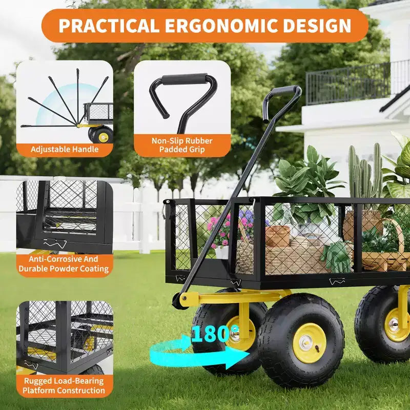Carrello - Carrello da Esterno Pieghevole Heavy-Duty con Pneumatici Multi-Terreno da 10 pollici | Capacità 500 libbre, 4 Sponde Laterali Rimovibili in Rete, Maniglia Girevole a 180 gradi per Cucina, Patio
