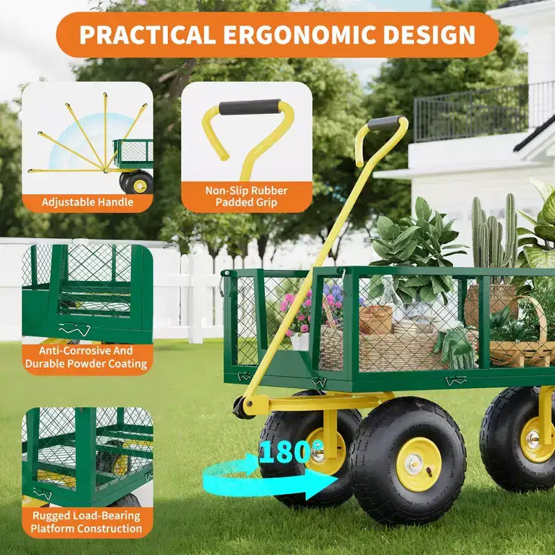 Carrello - Carrello da Esterno Pieghevole Heavy-Duty con Pneumatici Multi-Terreno da 10 pollici | Capacità 500 libbre, 4 Sponde Laterali Rimovibili in Rete, Maniglia Girevole a 180 gradi per Cucina, Patio