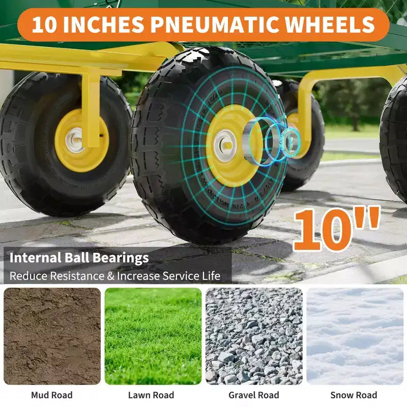 Carrello - Carrello da Esterno Pieghevole Heavy-Duty con Pneumatici Multi-Terreno da 10 pollici | Capacità 500 libbre, 4 Sponde Laterali Rimovibili in Rete, Maniglia Girevole a 180 gradi per Cucina, Patio