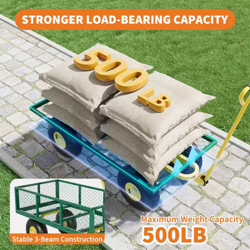 Carrello - Carrello da Esterno Pieghevole Heavy-Duty con Pneumatici Multi-Terreno da 10 pollici | Capacità 500 libbre, 4 Sponde Laterali Rimovibili in Rete, Maniglia Girevole a 180 gradi per Cucina, Patio