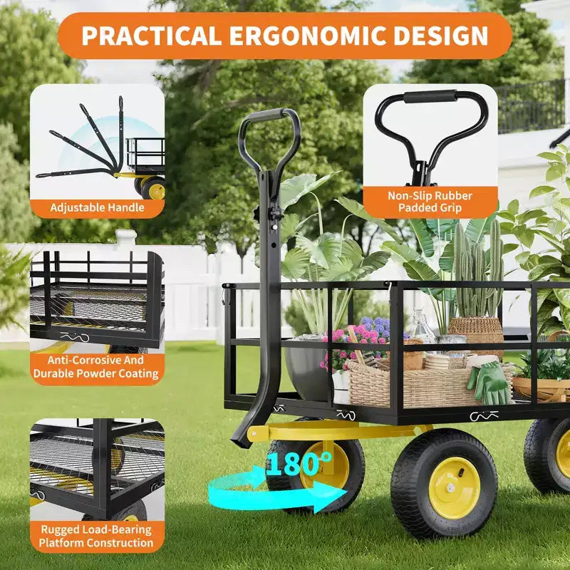 Carrello - Carrello da Esterno Pieghevole Heavy-Duty con Pneumatici Multi-Terreno da 10 pollici | Capacità 500 libbre, 4 Sponde Laterali Rimovibili in Rete, Maniglia Girevole a 180 gradi per Cucina, Patio