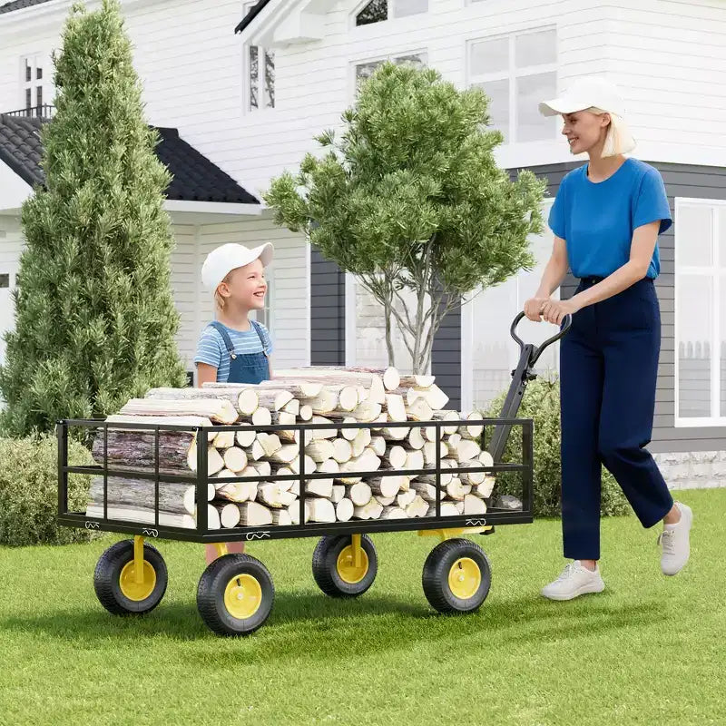 Carrello - Carrello da Esterno Pieghevole Heavy-Duty con Pneumatici Multi-Terreno da 10 pollici | Capacità 500 libbre, 4 Sponde Laterali Rimovibili in Rete, Maniglia Girevole a 180 gradi per Cucina, Patio