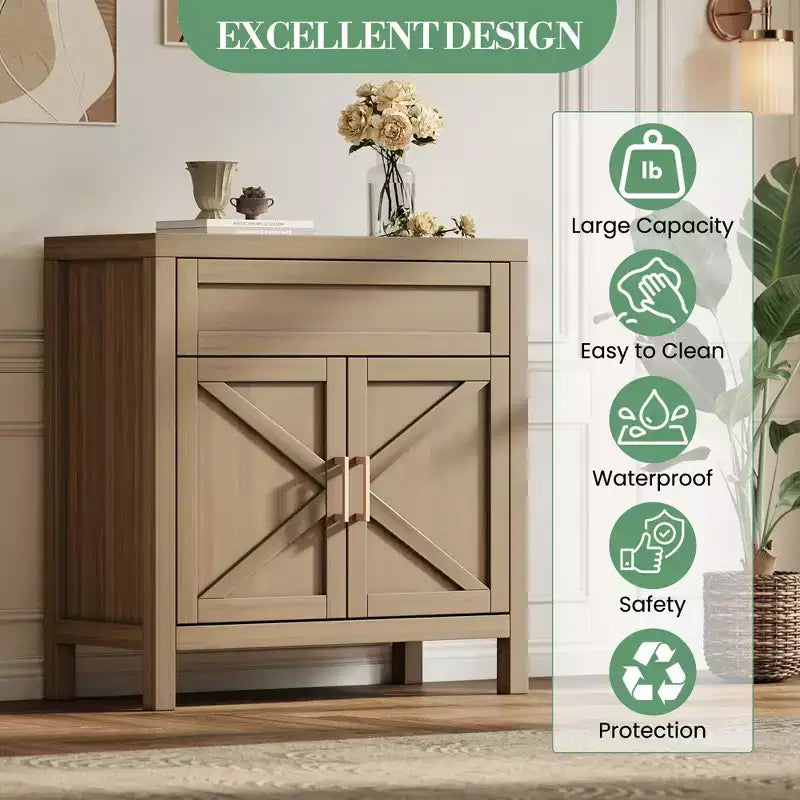 1 Cassetto e 2 Ante, Mobile Contenitore, Credenza Moderna con Ripiano Regolabile,