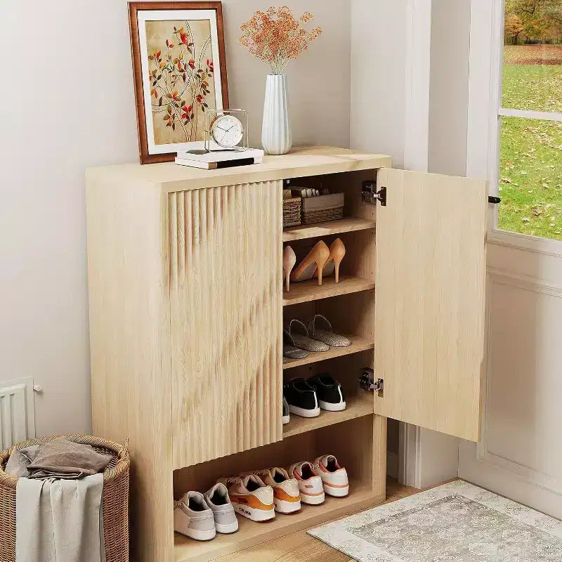 Mobile Scarpiera per Ingresso, Scarpiera Sottile in Legno con Ante Scanalate e Ripiani Regolabili, Scarpiera Stretta per Corridoio, Portico, Rovere