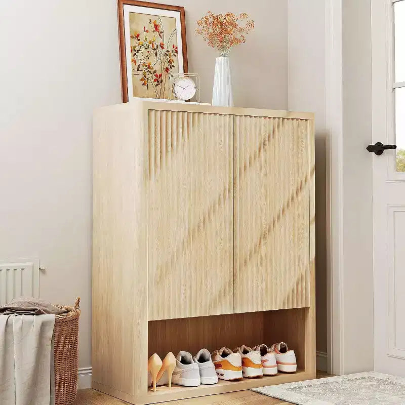 Mobile Scarpiera per Ingresso, Scarpiera Sottile in Legno con Ante Scanalate e Ripiani Regolabili, Scarpiera Stretta per Corridoio, Portico, Rovere