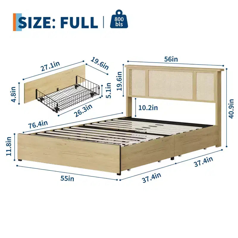 Struttura letto matrimoniale con testiera in rattan bohémien, base a doghe in legno e supporto del telaio in metallo, costruzione robusta e silenziosa, facile da montare.