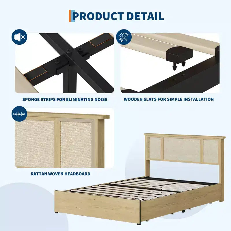 Struttura letto matrimoniale con testiera in rattan bohémien, base a doghe in legno e supporto del telaio in metallo, costruzione robusta e silenziosa, facile da montare.