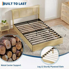 Struttura letto matrimoniale con testiera in rattan bohémien, base a doghe in legno e supporto del telaio in metallo, costruzione robusta e silenziosa, facile da montare.