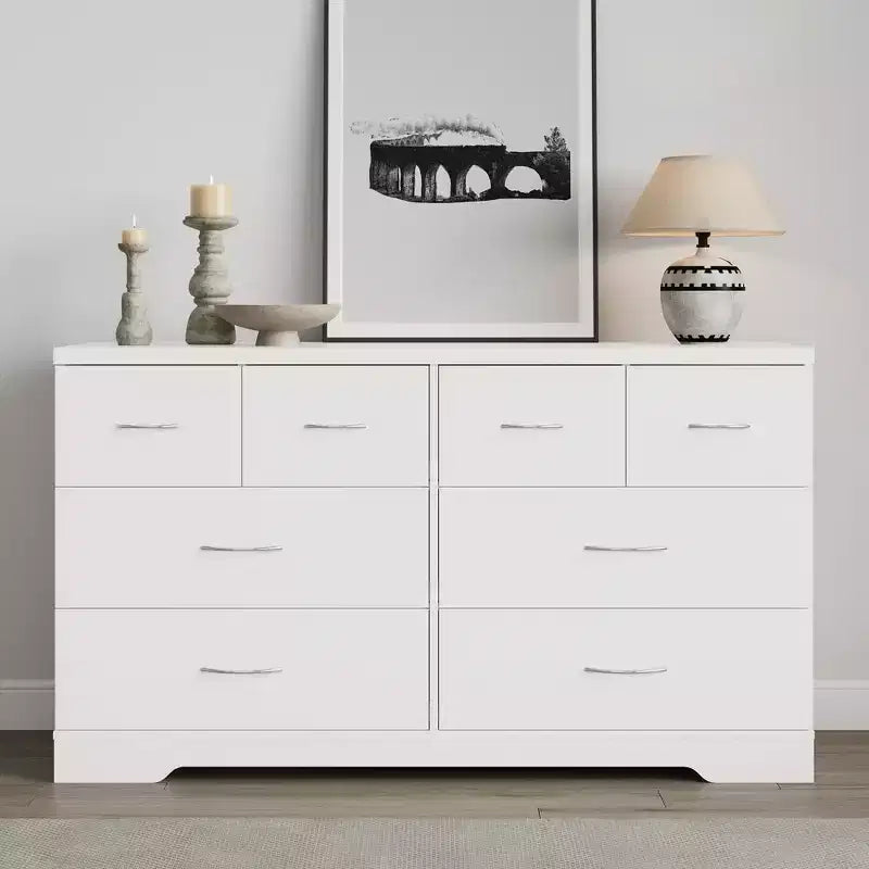 Heynemo Large 8 Drawer Dresser for Bedroom, 55 Wide Modern Chest of Drawers, Dresser TV Stand with Metal Handle, Wood Drawer Organizer, White