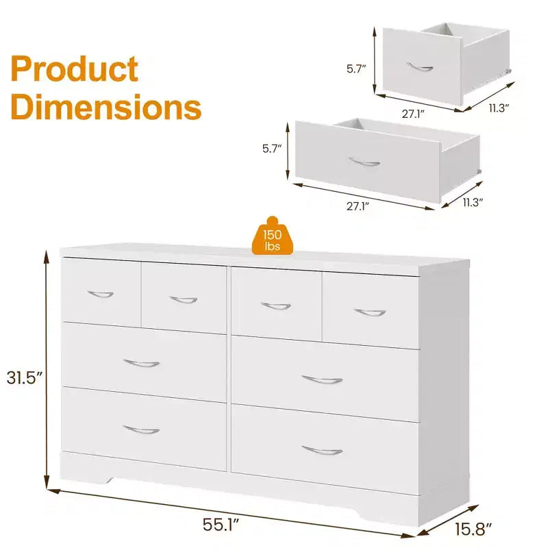 Cassettiera grande a 8 cassetti Heynemo per camera da letto, cassettiera moderna da 55 pollici, mobile TV con maniglie in metallo, organizer per cassetti in legno, bianco