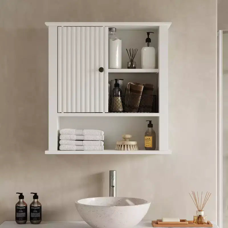 Mobiletto pensile Heynemo con anta scorrevole scanalata, Armadietto da bagno a parete con ripiani regolabili, Mobiletto sopra WC, Certificazioni TSCA ed EPA, Bianco