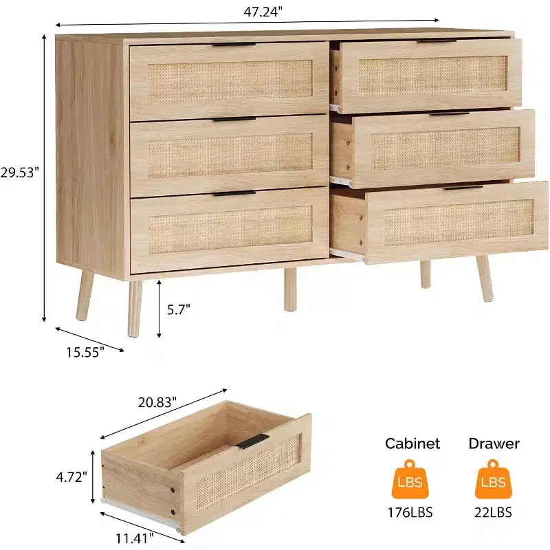 Cassettiera con 6 cassetti in rattan VINGIL, Comò in rattan, Cassettiera moderna in legno
