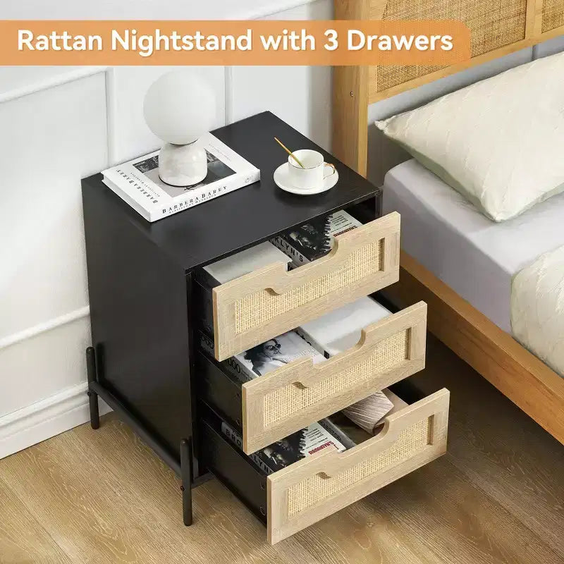 Comodino in vimini con cassetto Stile bohémien moderno Tavolino da notte con gambe robuste in legno Tavolino decorativo in vimini per camera da letto e soggiorno