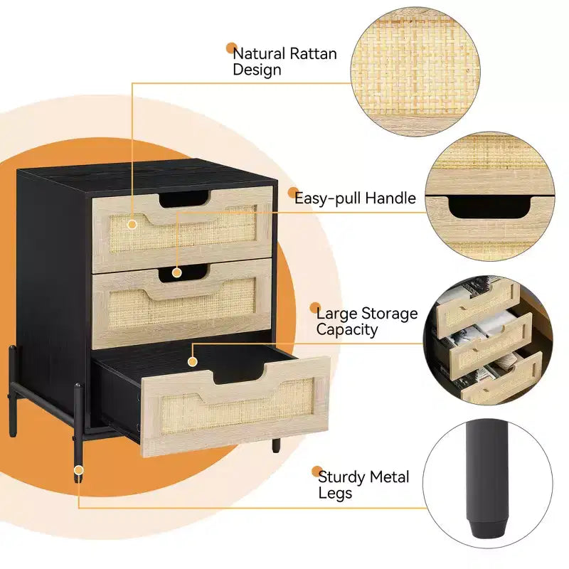 Comodino in vimini con cassetto Stile bohémien moderno Tavolino da notte con gambe robuste in legno Tavolino decorativo in vimini per camera da letto e soggiorno
