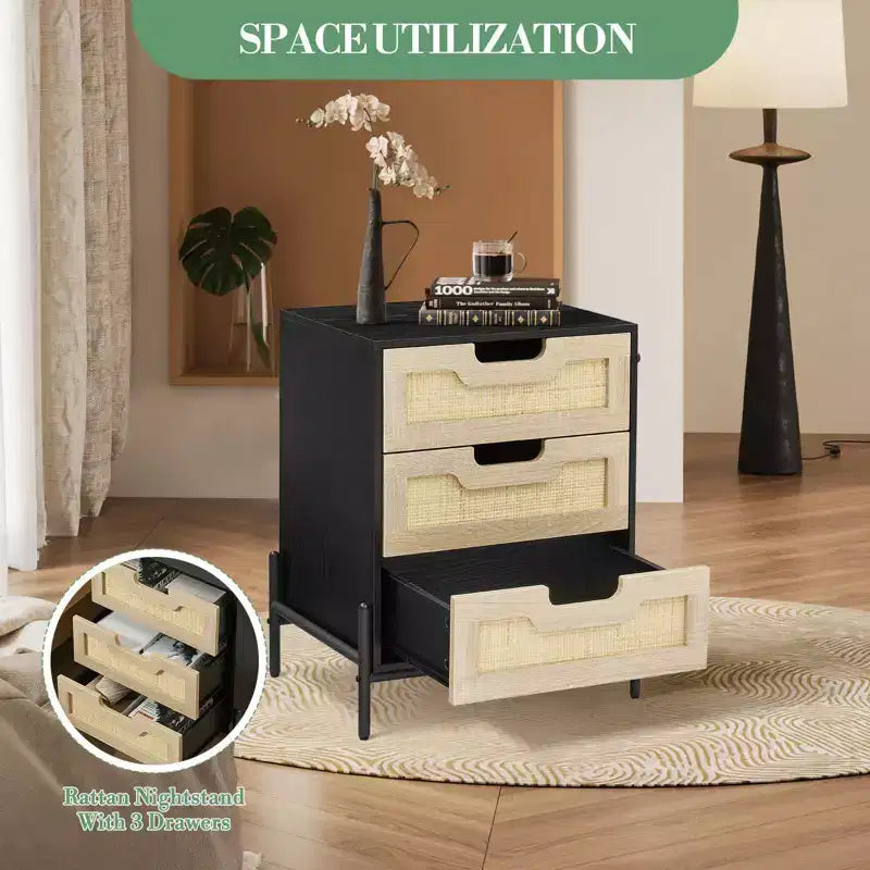 Comodino in vimini con cassetto Stile bohémien moderno Tavolino da notte con gambe robuste in legno Tavolino decorativo in vimini per camera da letto e soggiorno