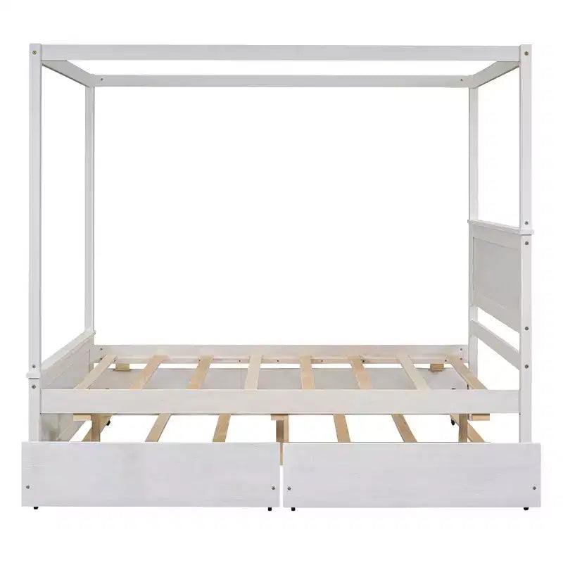 Struttura Letto a Baldacchino Matrimoniale con Letto Estraibile e 2 Cassetti Contenitore, Letto a Piattaforma Matrimoniale in Legno con Testiera, Bianco