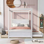 Struttura Letto a Baldacchino Matrimoniale con Letto Estraibile e 2 Cassetti Contenitore, Letto a Piattaforma Matrimoniale in Legno con Testiera, Bianco