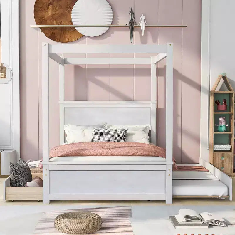 Struttura Letto a Baldacchino Matrimoniale con Letto Estraibile e 2 Cassetti Contenitore, Letto a Piattaforma Matrimoniale in Legno con Testiera, Bianco