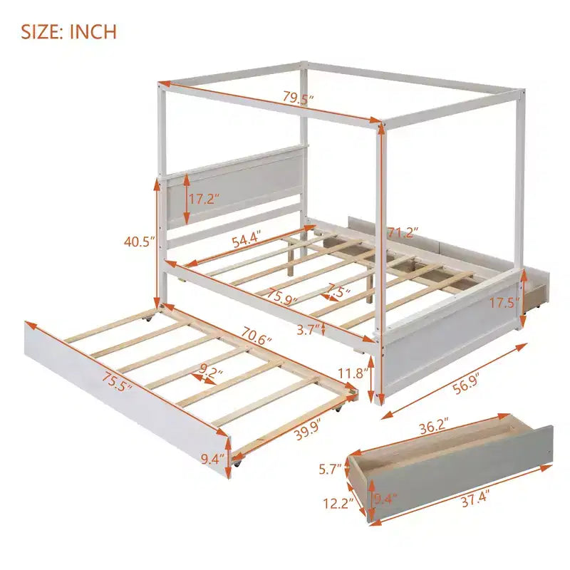 Struttura Letto a Baldacchino Matrimoniale con Letto Estraibile e 2 Cassetti Contenitore, Letto a Piattaforma Matrimoniale in Legno con Testiera, Bianco