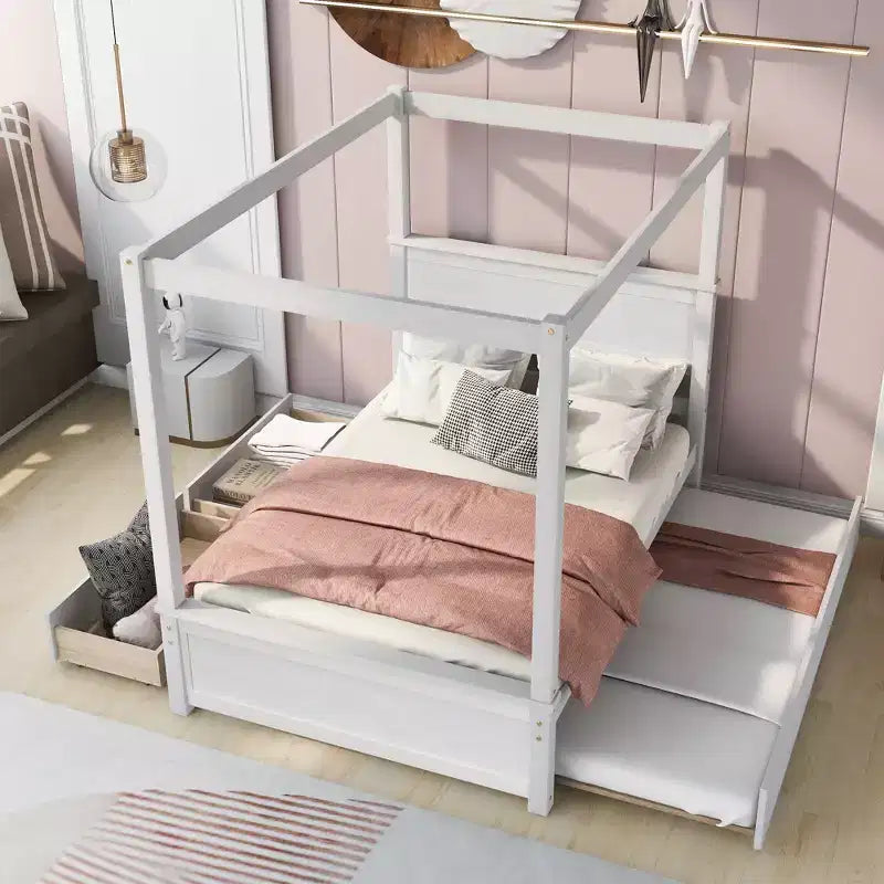 Struttura Letto a Baldacchino Matrimoniale con Letto Estraibile e 2 Cassetti Contenitore, Letto a Piattaforma Matrimoniale in Legno con Testiera, Bianco