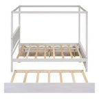 Struttura Letto a Baldacchino Matrimoniale con Letto Estraibile e 2 Cassetti Contenitore, Letto a Piattaforma Matrimoniale in Legno con Testiera, Bianco