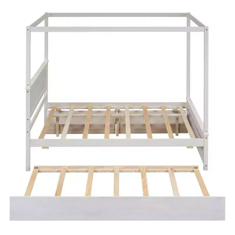 Struttura Letto a Baldacchino Matrimoniale con Letto Estraibile e 2 Cassetti Contenitore, Letto a Piattaforma Matrimoniale in Legno con Testiera, Bianco