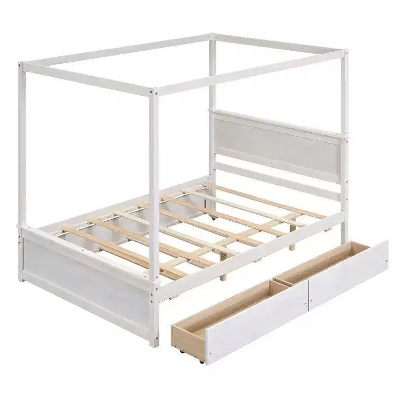 Struttura Letto a Baldacchino Matrimoniale con Letto Estraibile e 2 Cassetti Contenitore, Letto a Piattaforma Matrimoniale in Legno con Testiera, Bianco